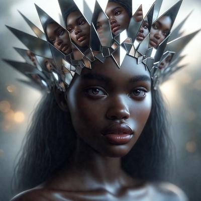 The primary subject of the image is a woman wearing a crown made of metal spikes. The setting is a dark room, and the visual style is digital art. The woman's face is the main focus of the image, and the dominant colors are black and silver. The overall atmosphere is mysterious and intriguing.